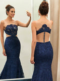 Dark Navy Fitted Prom Dress,Lace Long Prom Dress,Formal Evening Dress,PD00104