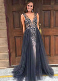 Luxury Prom Dresses with Overskirt,Beaded Tulle Long Evening Dress,PD00379