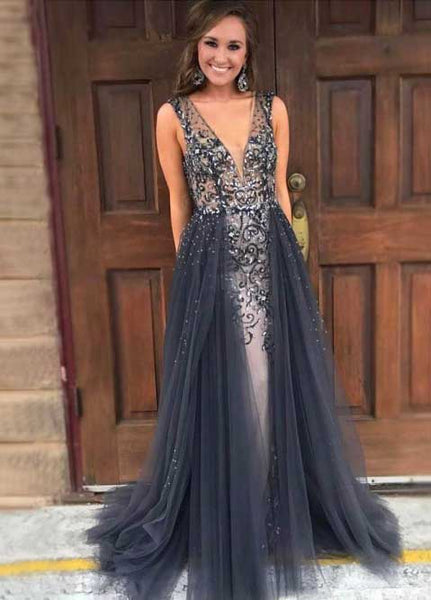 Luxury Prom Dresses with Overskirt,Beaded Tulle Long Evening Dress,PD00379
