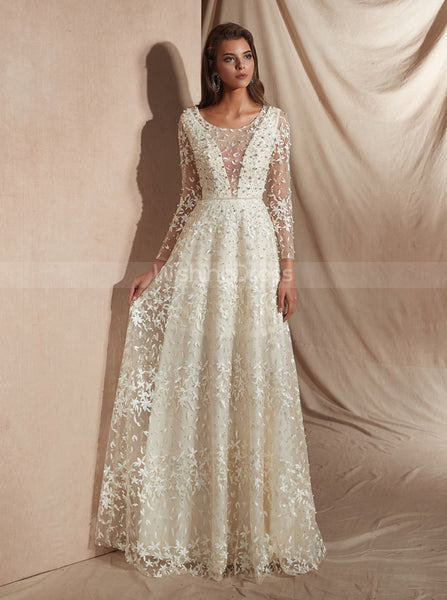 Lace Wedding Dresses with Long Sleeves,Ivory Luxurious Wedding Dress,WD00362