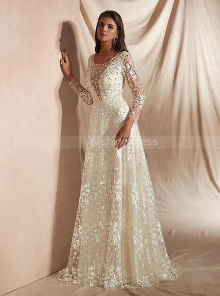 Lace Wedding Dresses with Long Sleeves,Ivory Luxurious Wedding Dress,WD00362