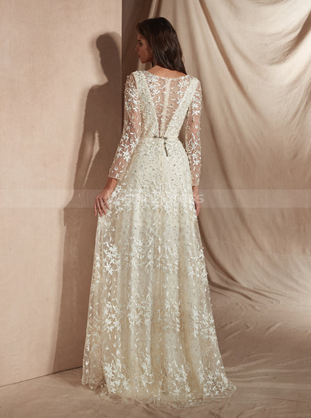Lace Wedding Dresses with Long Sleeves,Ivory Luxurious Wedding Dress,WD00362