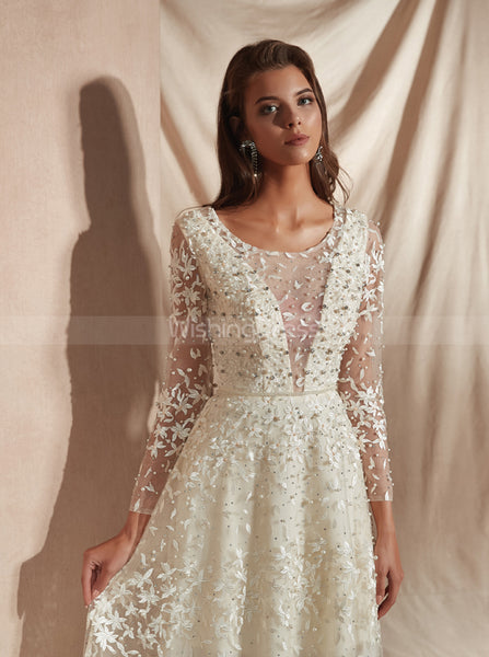 Lace Wedding Dresses with Long Sleeves,Ivory Luxurious Wedding Dress,WD00362