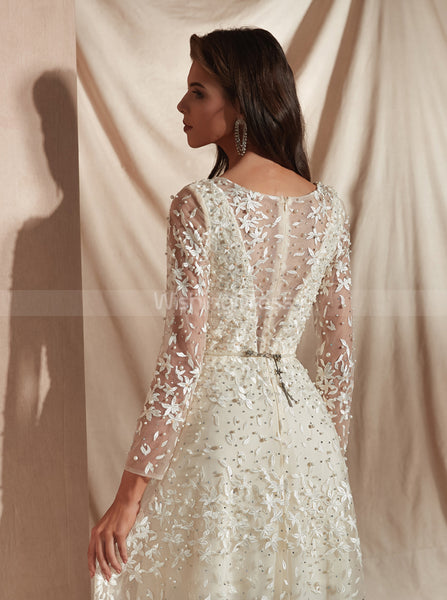Lace Wedding Dresses with Long Sleeves,Ivory Luxurious Wedding Dress,WD00362