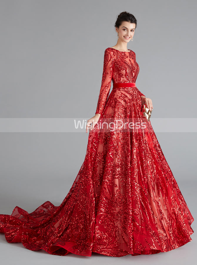 red long sleeve homecoming dresses A-line Prom Dresses with Long Sleeves,Sequined Homecoming Dress,HC0020