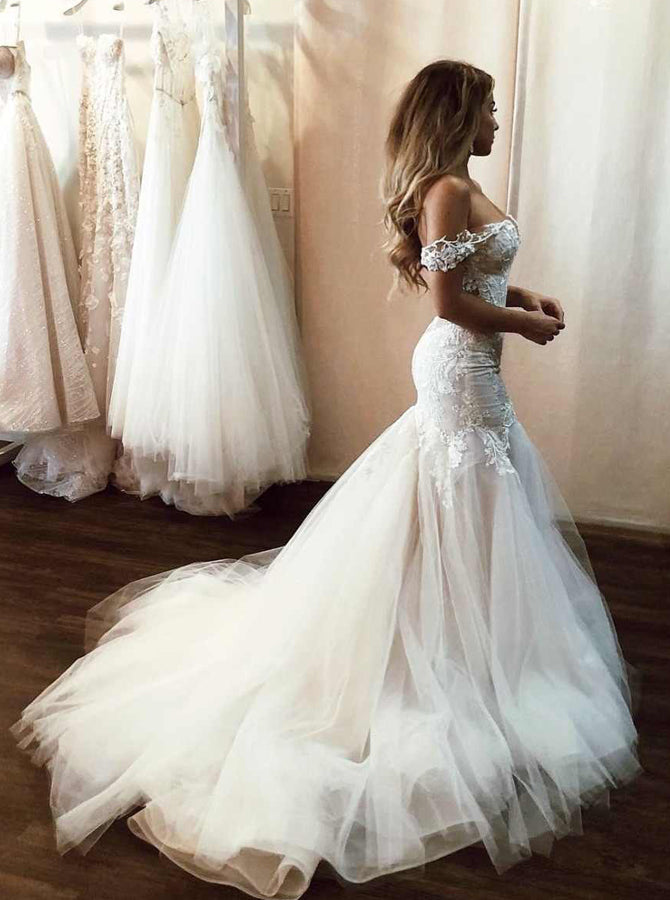 Mermaid Wedding Dresses,Off Shoulder bridal Dress,Lace Bridal Dress,El