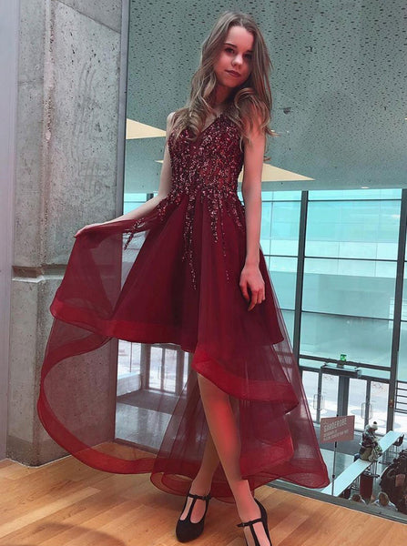 Burgundy Homecoming Dresses,High Low Homecoming Dress,Sparkly Homecoming Dress,HC00082