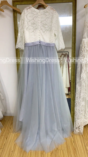 Rustic Wedding Dresses with Sleeves,Dusty Blue Wedding Dress Outdoor,WD00333