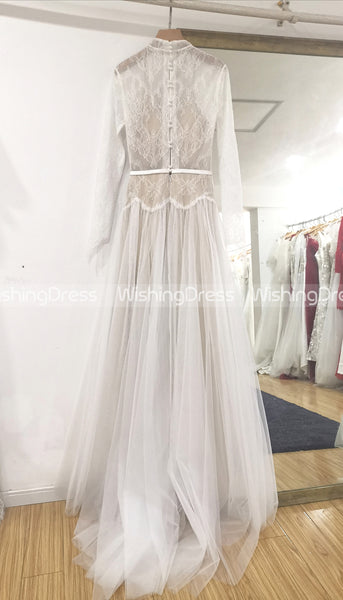 Modest High Neck Wedding Dress,Long Sleeves Lace and Tulle Wedding Dress,WD00509