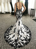 Mermaid Black Lace Wedding Dress,V-neck Bridal Gown,WD00664