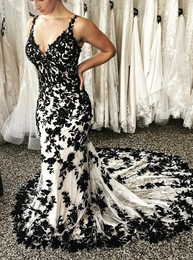 Mermaid Black Lace Wedding Dress,V-neck Bridal Gown,WD00664, US12 / Black Mermaid Black Lace Wedding Dress,V-neck Bridal Gown,WD00664, US12 / Black