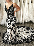 Mermaid Black Lace Wedding Dress,V-neck Bridal Gown,WD00664