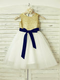 Sequined Flower Girl Dress,Knee Length Flower Girl Dress,Flower Girl Dress with Sash,FD00089