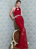 Burgundy Lace Prom Dress,Formal Long Evening Dress,Backless Prom Dress PD00025