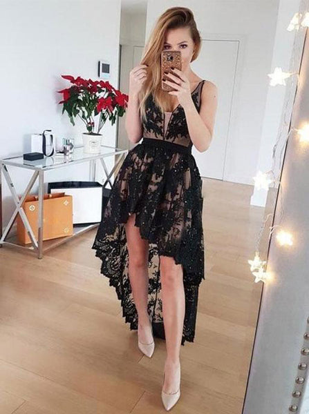 Black Cocktail Dresses,High Low Prom Dress,Lace Homecoming Dress,CD00013