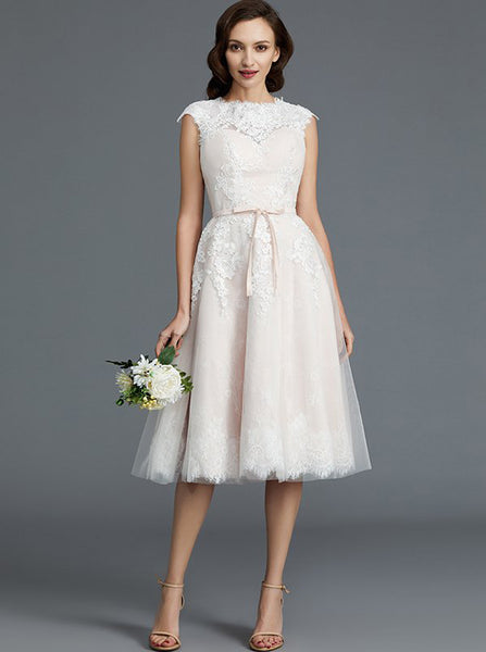 Blush Wedding Dresses,Knee Length Wedding Dress,Vintage Wedding Dress,WD00302