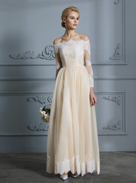 Vintage Wedding Dress,Boho Bridal Dress with Sleeves,Off the Shoulder Wedding Dress,WD00298
