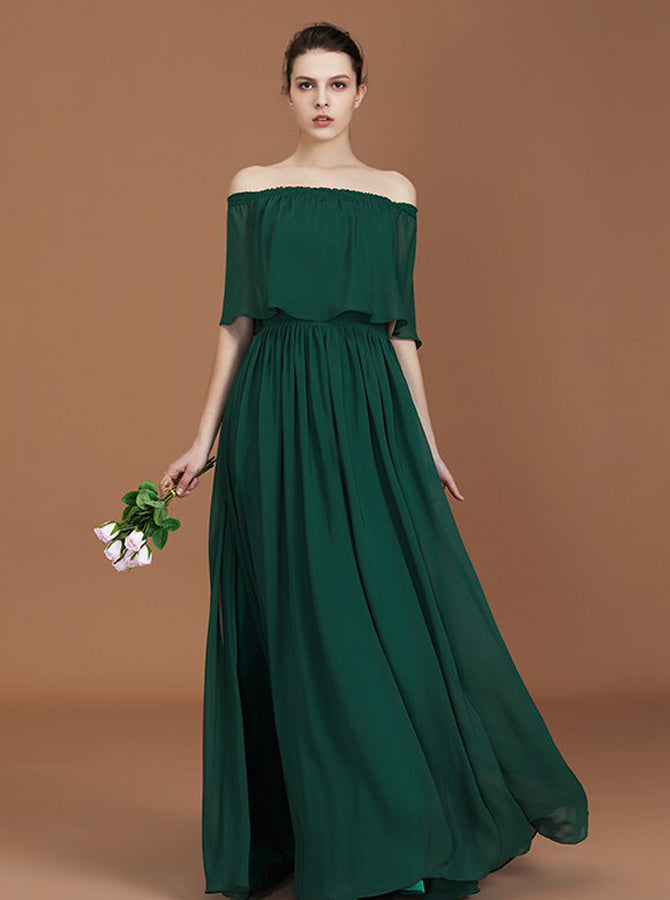 Dark Green Chiffon Long Bridesmaid Dress,Off the Shoulder Bridesmaid D