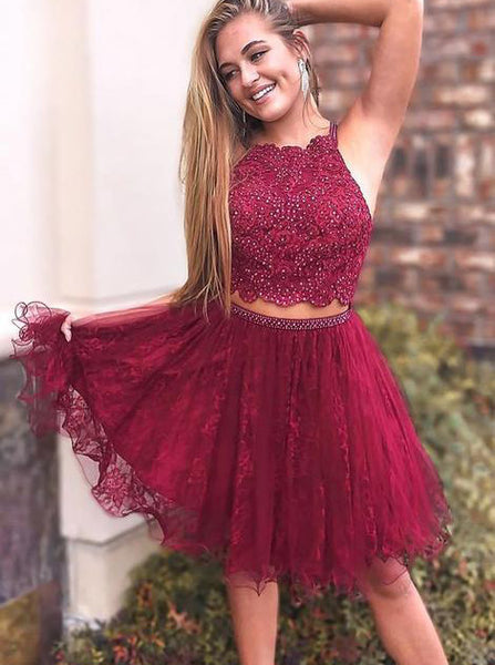 Burgundy Homecoming Dresses,Two Piece Homecoming Dress,Short Homecoming Dress,HC00190