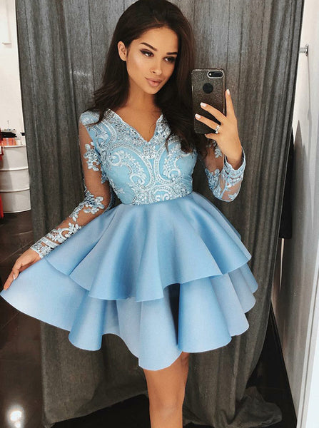 Blue Homecoming Dresses with Long Sleeves,Layered Homecoming Dress,HC00164