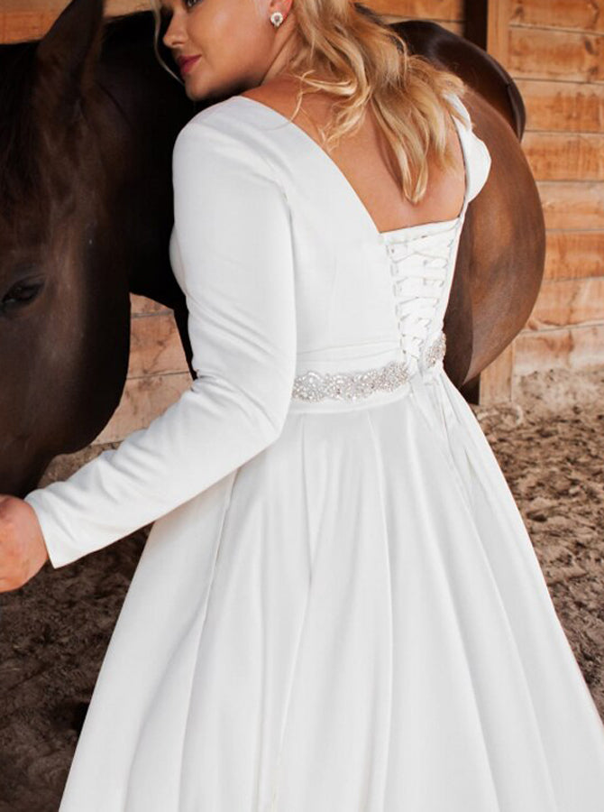 Plus Size Modest Satin Wedding Dress,Long Sleeves Wedding Gown with Co - Wishingdress Plus Size Modest Satin Wedding Dress,Long Sleeves Wedding Gown with Co - Wishingdress