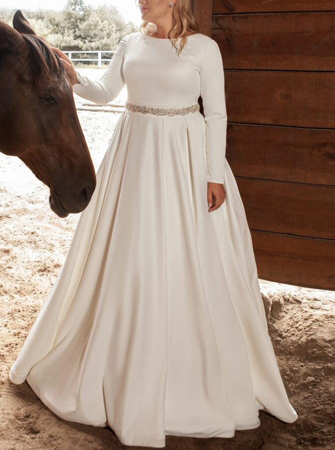 Plus Size Modest Satin Wedding Dress,Long Sleeves Wedding Gown with Co