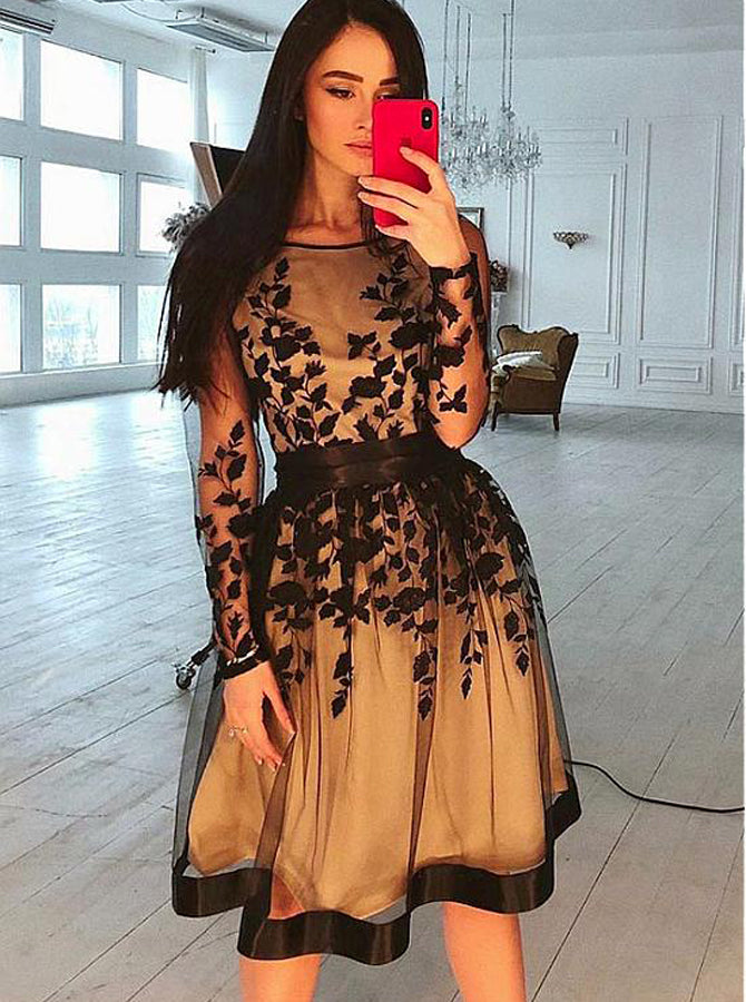 Black Cocktail Dresses,Short Prom Dress with Sleeves,Modest Homecoming