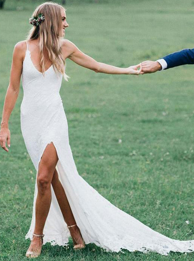 Lace Wedding Dresses,Boho Wedding Dress,Spaghetti Straps Wedding Dresses,Beach Bridal Dress,WD00081 US18W / Custom Color(leaving a note)