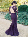 Grape Bridesmaid Dress,Mermaid Bridesmaid Dress,Lace Bridesmaid Dress with Sleeves,BD00030