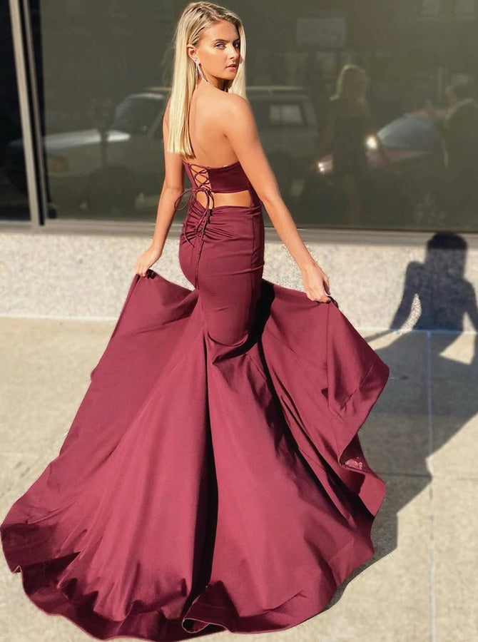 Burgundy Strapless Prom Dresses,Mermaid Prom Dress with Lace Up Back,P