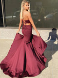 Burgundy Strapless Prom Dresses,Mermaid Prom Dress with Lace Up Back,PD00490