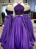 Two Piece Prom Dresses,Purple Long Prom Dress,Prom Dress with Pockets,PD00113