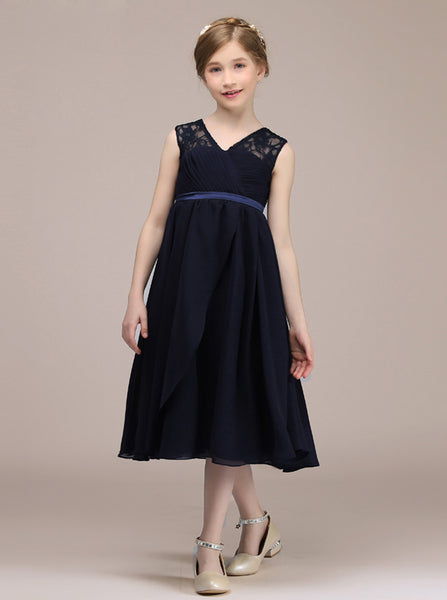 Dark Navy Junior Bridesmaid Dresses,Chiffon Tea Length Junior Bridesmaid Dress,JB00037
