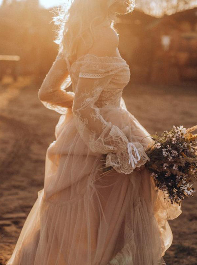 Boho Lace Wedding Dress,Long Sleeves Destination Wedding Dress,WD00667, US16W / White Boho Lace Wedding Dress,Long Sleeves Destination Wedding Dress,WD00667, US16W / White