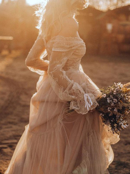 Boho Lace Wedding Dress,Long Sleeves Destination Wedding Dress,WD00667