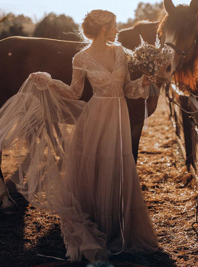 Boho Lace Wedding Dress,Long Sleeves Destination Wedding Dress,WD00667, US16W / White Boho Lace Wedding Dress,Long Sleeves Destination Wedding Dress,WD00667, US16W / White