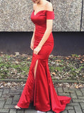 Red Fitted Prom Dress,Off the Shoulder Evening Dress,Satin Prom Dress with Slit PD00023