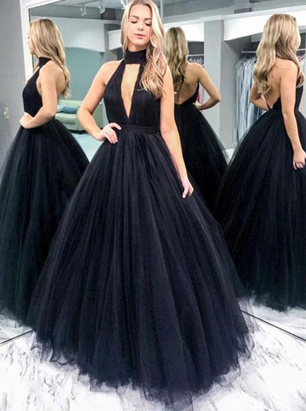 Black Halter Prom Dress,Tulle Prom Ball Gown,Vogue Evening Dress PD00081