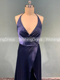 Royal Blue Halter Prom Dress,Elastic Satin Evening Dress with Slit,Romantic Evening Dress PD00085