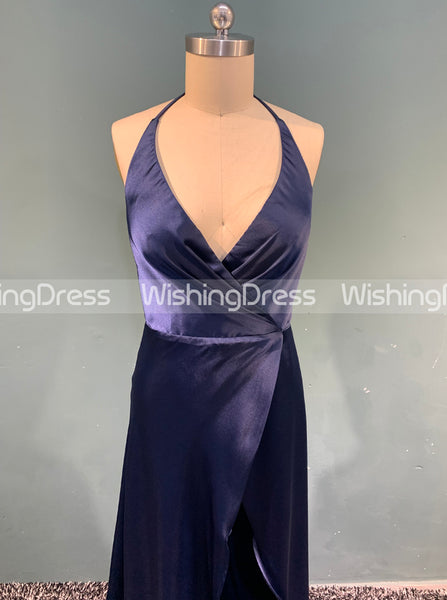 Royal Blue Halter Prom Dress,Elastic Satin Evening Dress with Slit,Romantic Evening Dress PD00085