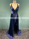 Royal Blue Halter Prom Dress,Elastic Satin Evening Dress with Slit,Romantic Evening Dress PD00085