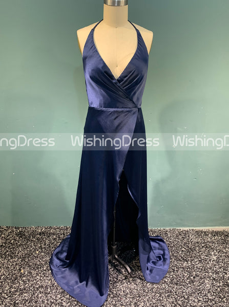 Royal Blue Halter Prom Dress,Elastic Satin Evening Dress with Slit,Romantic Evening Dress PD00085
