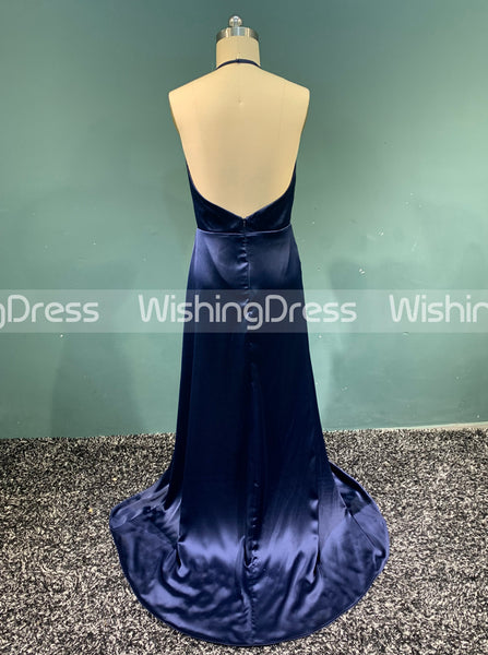 Royal Blue Halter Prom Dress,Elastic Satin Evening Dress with Slit,Romantic Evening Dress PD00085