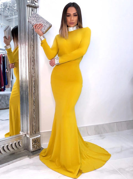 High Neck Long Sleeves Evening Dress,Yellow Long Party Dresses with Cutout Back,PD00491