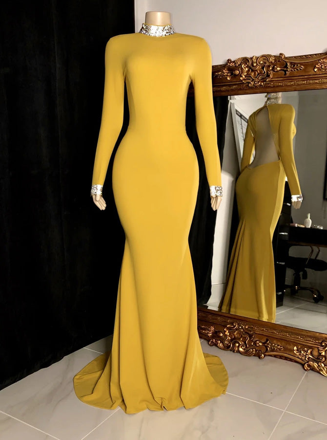 High Neck Long Sleeves Evening Dress,Yellow Long Party Dresses with Cutout Back,PD00491 US4 / Red