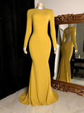 High Neck Long Sleeves Evening Dress,Yellow Long Party Dresses with Cutout Back,PD00491