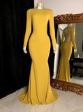 High Neck Long Sleeves Evening Dress,Yellow Long Party Dresses with Cutout Back,PD00491