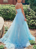 Blue Prom Dress with Spaghetti Straps,Flowers Tulle Prom Dress,PD00494