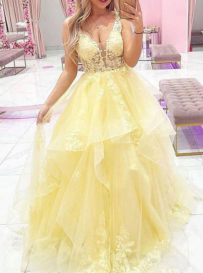 Flounce Skirt Long Party Dress,Light Yellow Prom Dress,PD00496 US2 / Red