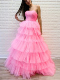 Princess Pink Prom Dress,Strapless Ruffle Skirt Dress,PD00497